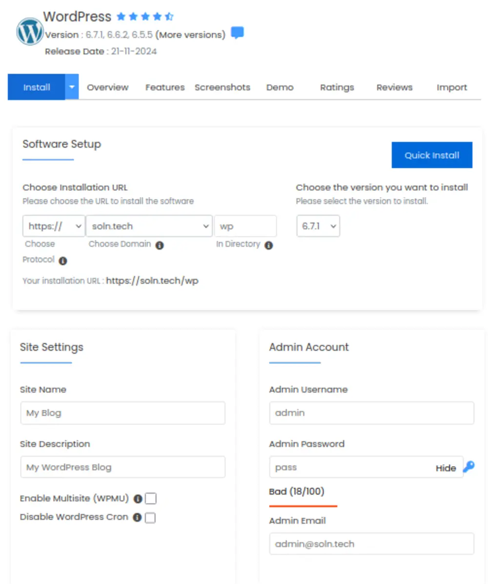 wordpress softaculous